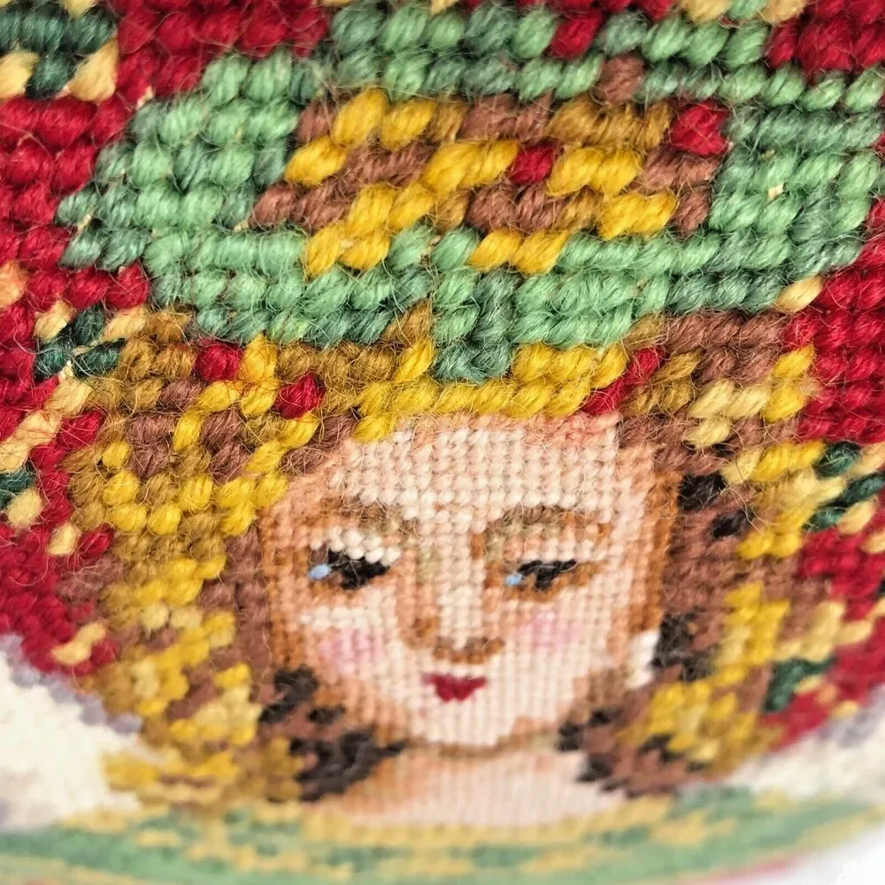 Vintage Victorian Angel Handmade Wool Needlepoint Pillow 9” Green Velvet Back